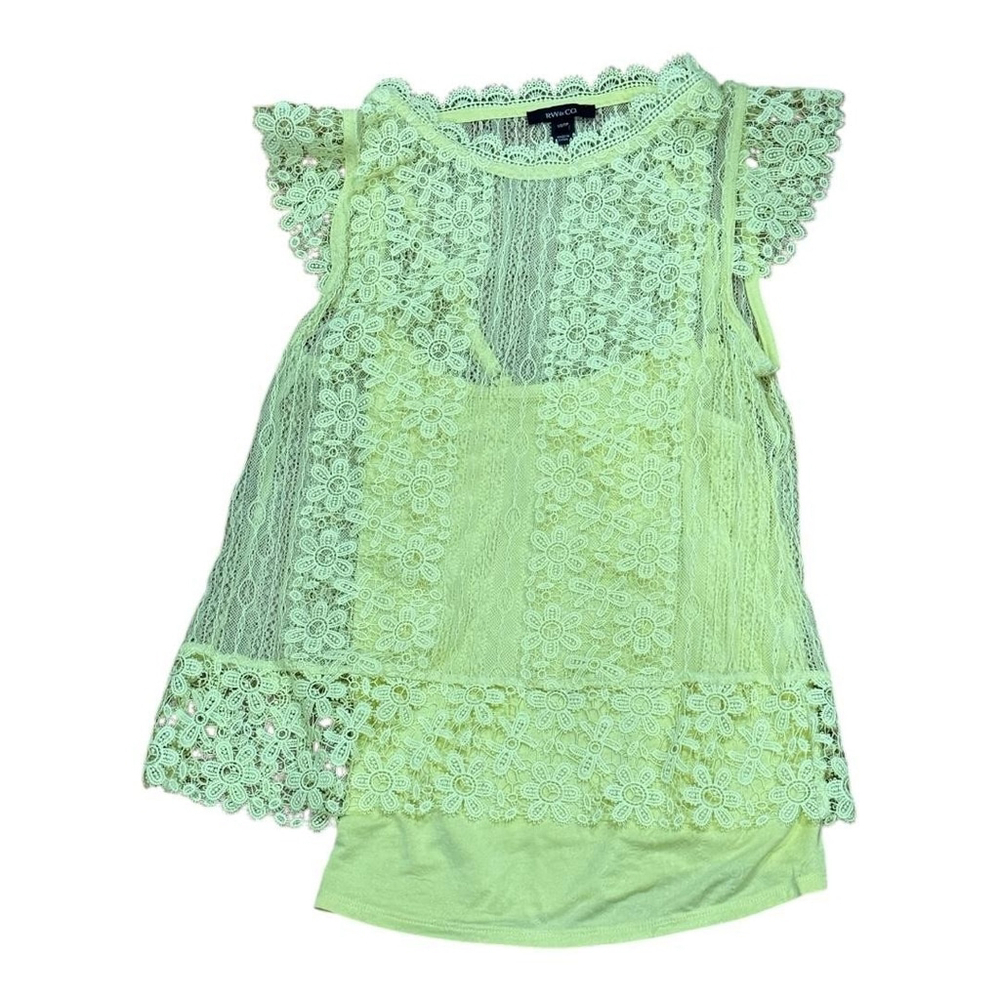 RW&CO Shirt Womens Extra Small Yellow Lace Crochet Flutter Sleeve Lined Top